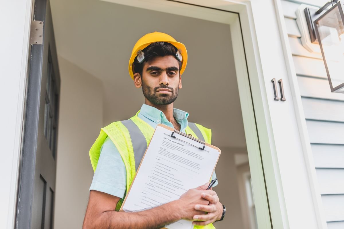 Site engineer with a clipboard carrying out an inspection