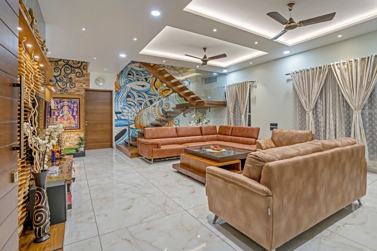 Finished living room with marble flooring and false ceiling