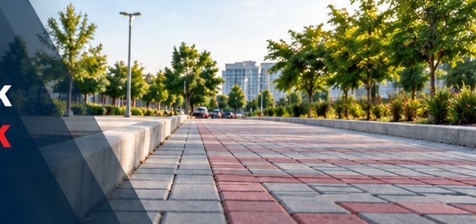 Tree-lined paver block walkway with red and grey interlocking blocks