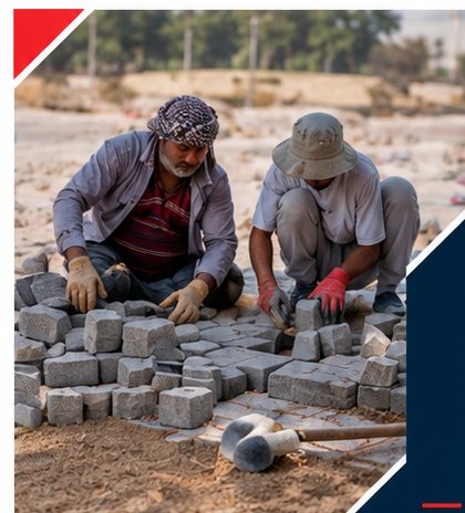 Workers hand-laying interlocking paver blocks on a compacted sand bed