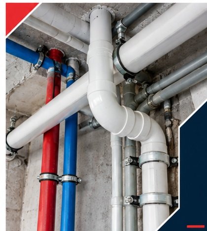 Colour-coded supply and drainage pipes installed against a concrete ceiling