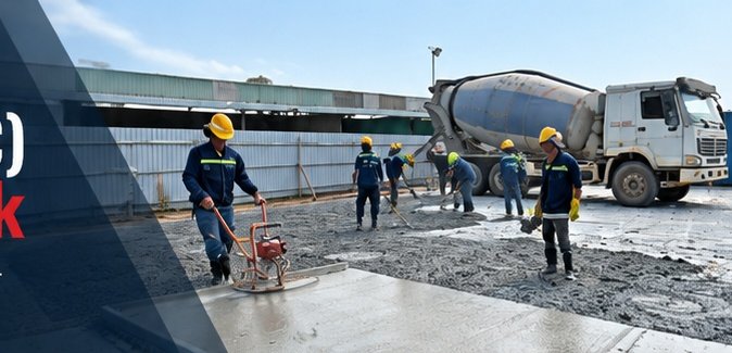Crew finishing a concrete road slab beside a mixer truck