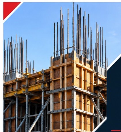 Reinforcement steel and formwork columns rising on a structural frame