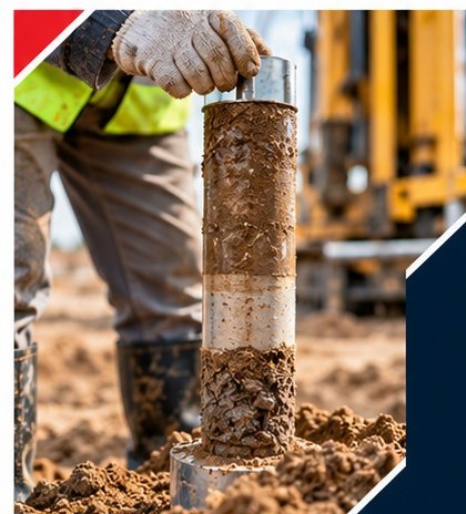 Worker pulling a soil bore sample tube from the ground