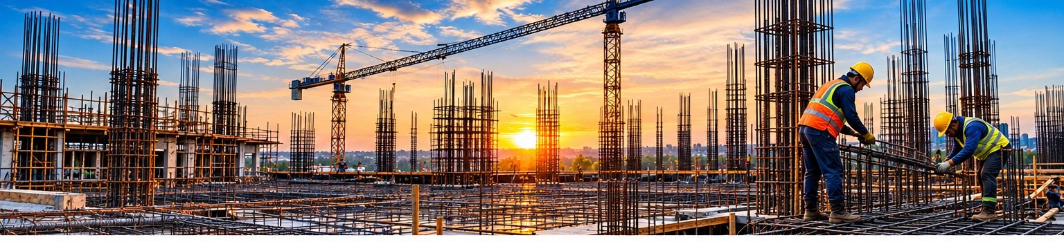 Column reinforcement rising on a building site at sunset