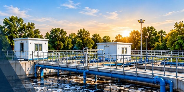 Sewage treatment plant with aeration tanks, walkways and blue process piping