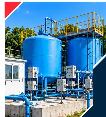 Blue pressure filter vessels with control panels and a service platform