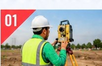 Surveyor confirming plot boundary with a total station
