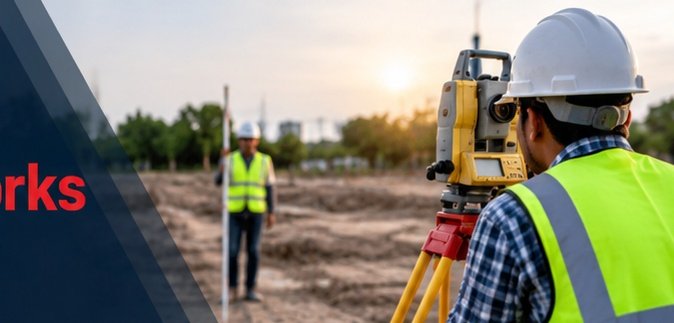 Surveyor sighting through a total station with an assistant holding a staff in the background