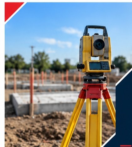 Total station set up on a tripod at a foundation excavation site
